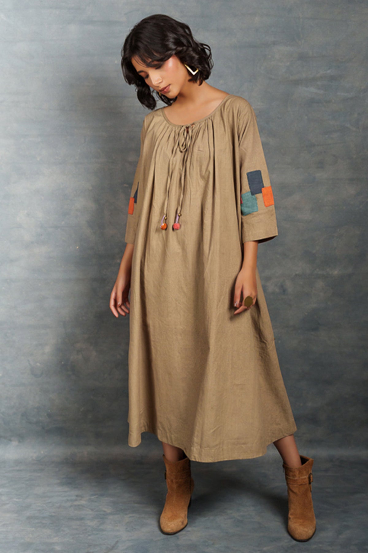 Buy Beige Applique Handwork Dress by Thread Game for women online at ScrollnShops